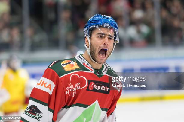 Mark Cundari of Augsburger Panther gestures during the DEL match between Augsburger Panther and Duesseldorfer EG on December 15, 2017 in Augsburg,...