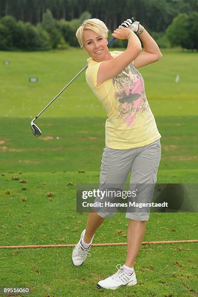 Sonja Zietlow in action on the driving range during the Bavarian Film Cup 2009 on July 30, 2009 in Egling, Germany.