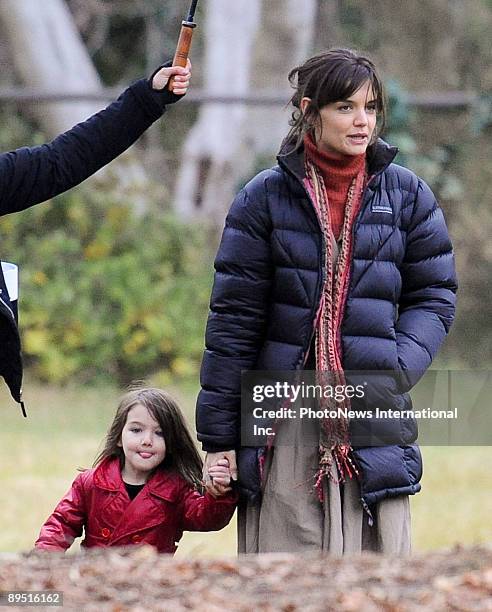 Actress Katie Holmes is seen with her daughter Suri Cruise whilst filming on the set of horror film 'Don't Be Afraid Of The Dark' at Mount Macedon on...