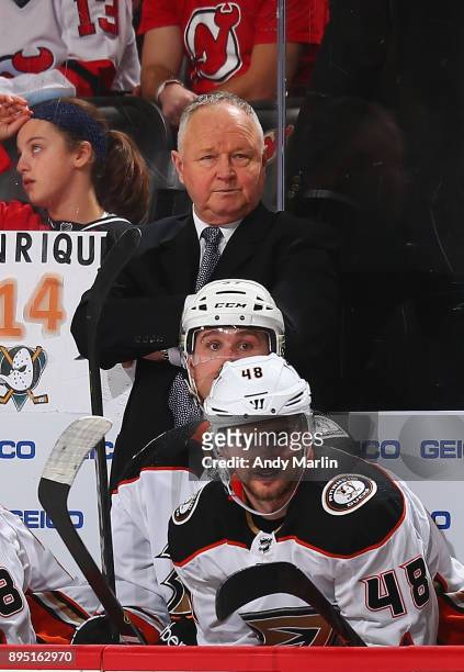 Head coach Randy Carlyle of the Anaheim Ducks looks on against the New Jersey Devils at Prudential Center on December 18, 2017 in Newark, New Jersey.