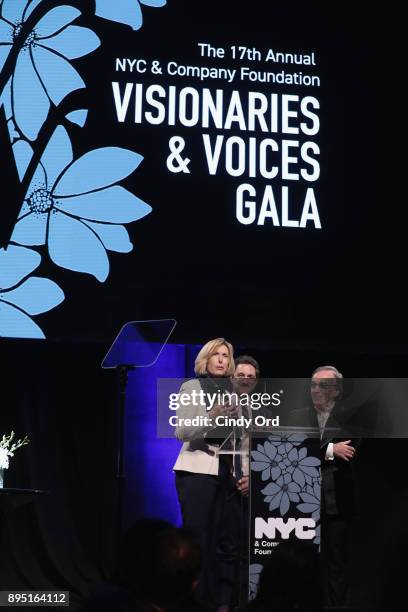Dawn Hudson, Daniel Lamarre and Danny Boockvar speak onstage at NYC & Company Foundation Visionaries & Voices Gala 2017 on December 18, 2017 in New...