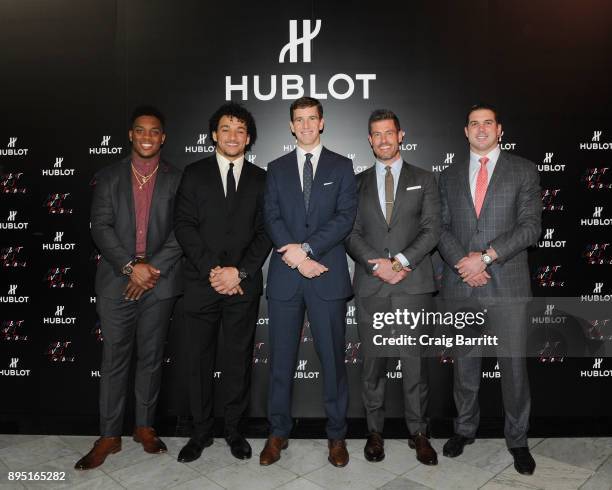 Devon Kennard, Evan Engram, Eli Manning, Jesse Palmer, and Zak DeOssie attend Hublot announces Eli Manning as the new brand ambassador with limited...