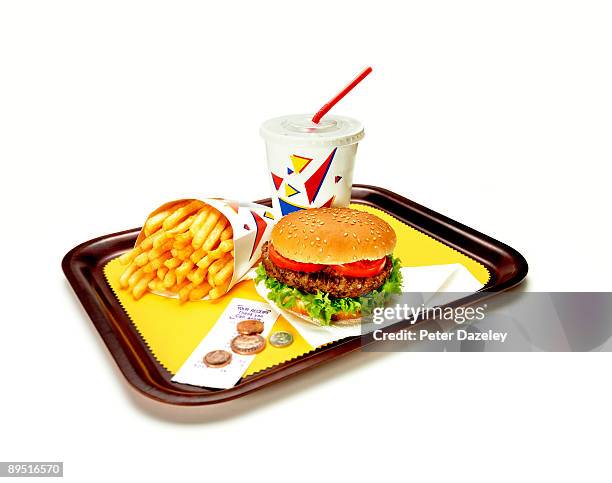 burger, fries and soda on tray. - burger and fries stockfoto's en -beelden