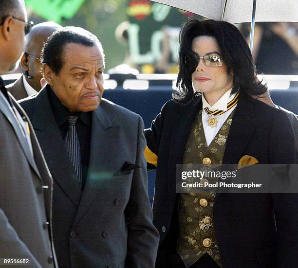 Michael Jackson and his father, Joe Jackson arrive at the Santa Barbara County courthouse, April 25 in Santa Maria, California for Michael Jackson's...