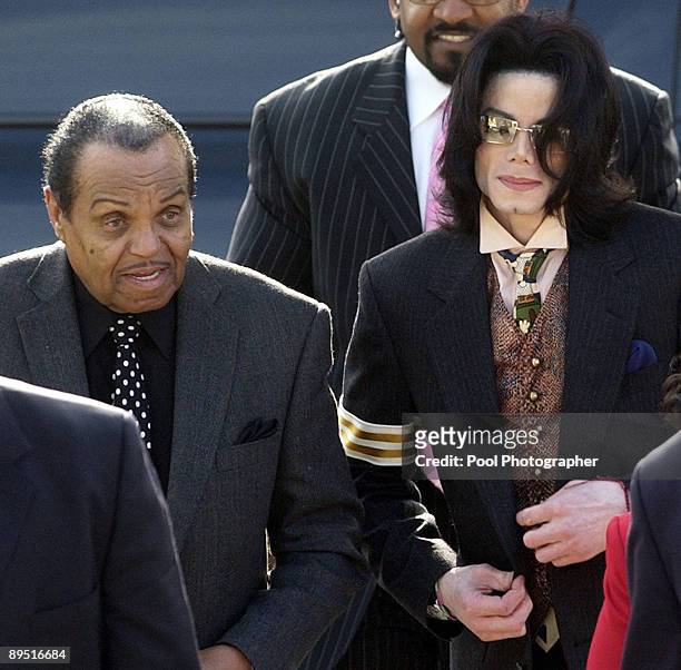 Michael Jackson and his father Joe Jackson arrive at the Santa Barbara County courthouse April 26 in Santa Maria, California for Michael Jackson's...