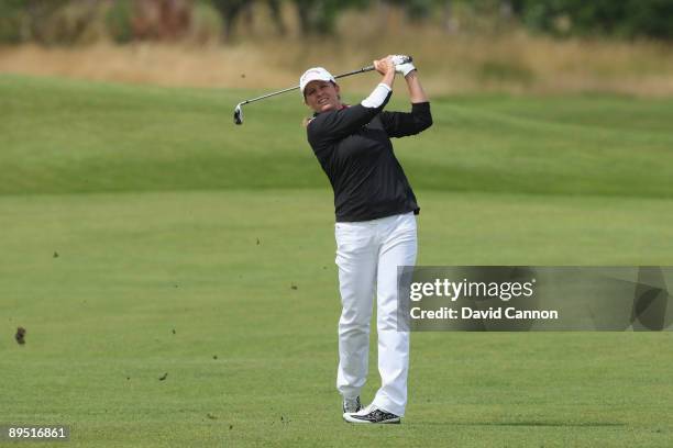 Johanna Mundy of England hits her second shot on the 2nd hole during the first round of the 2009 Ricoh Women's British Open Championship held at...