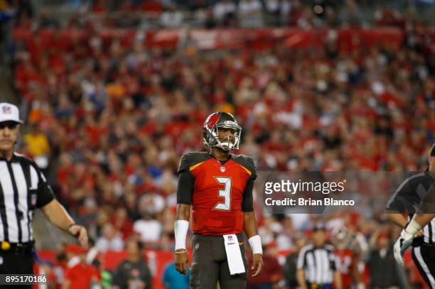 Quarterback Jameis Winston of the Tampa Bay Buccaneers reacts on the field during the second quarter of an NFL football game against the Atlanta...