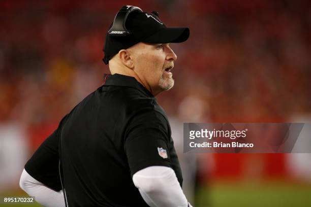 Head coach Dan Quinn of the Atlanta Falcons looks on from the sidelines during the first quarter of an NFL football game against the Tampa Bay...