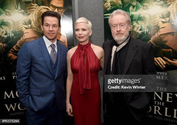 Mark Wahlberg, Michelle Williams, and Ridley Scott attend the premiere of Sony Pictures Entertainment's "All The Money In The World" at Samuel...
