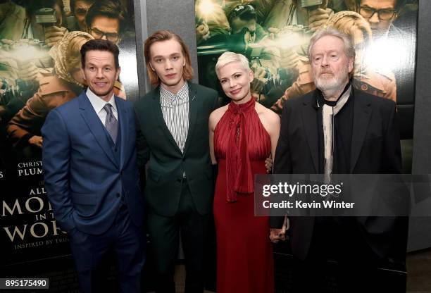 Mark Wahlberg, Charlie Plummer, Michelle Williams, and Ridley Scott attend the premiere of Sony Pictures Entertainment's "All The Money In The World"...