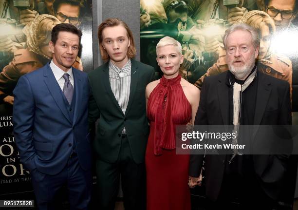 Mark Wahlberg, Charlie Plummer, Michelle Williams, and Ridley Scott attend the premiere of Sony Pictures Entertainment's "All The Money In The World"...