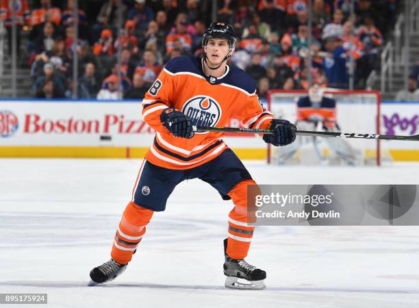 Brandon Davidson of the Edmonton Oilers skates during the game against the San Jose Sharks on December 18, 2017 at Rogers Place in Edmonton, Alberta,...