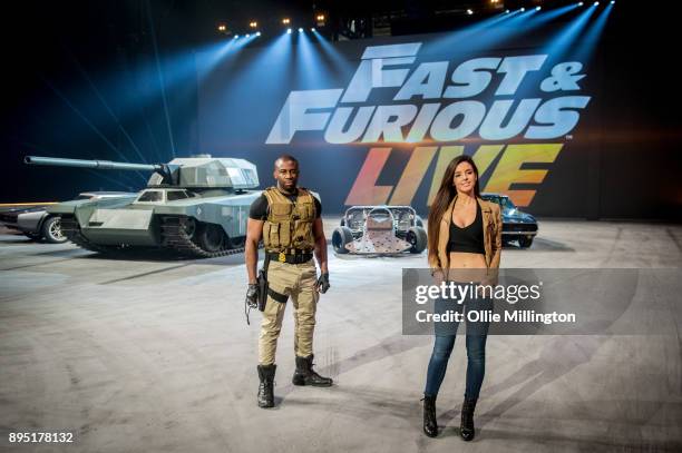 Mark Ebulue and Elysia Wren pose during the 'Fast & Furious Live' technical rehearsal at NEC Arena on December 18, 2017 in Birmingham, England.