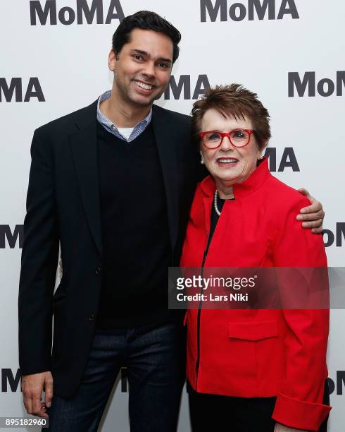 Chief Curator of Film Rajendra Roy and tennis player Billie Jean King attend MOMA's Contenders Screening of "Battle of the Sexes" at MOMA on December...