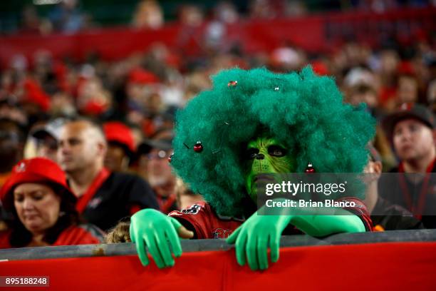 Tampa Bay Buccaneers fan dressed as the Grinch watches from the stands during the third quarter of an NFL football game against the Atlanta Falcons...