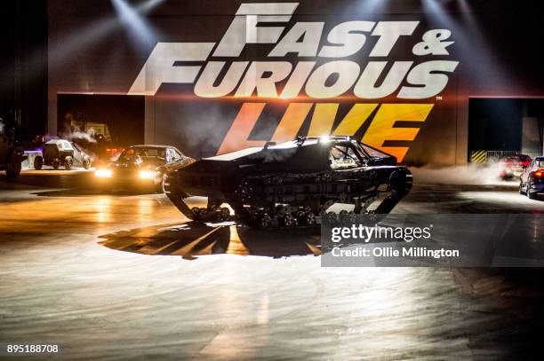 Ripsaw EV2 Luxury Super Tank used in The Fate of the Furious seen in the arena during the 'Fast & Furious Live' technical rehearsal at NEC Arena on...