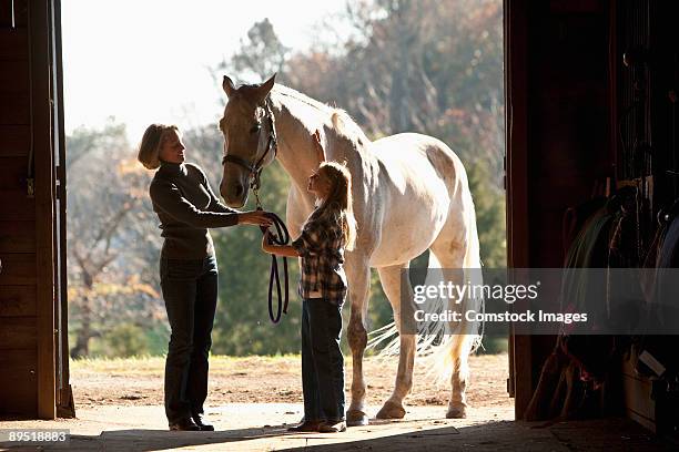 mother and daughter with horse - enable horse stock-fotos und bilder