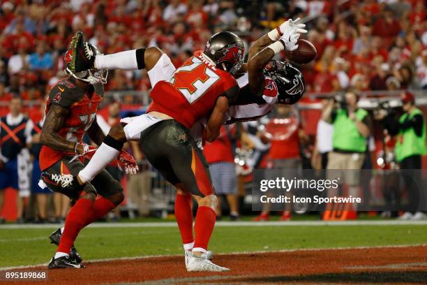 Tampa Bay Buccaneers free safety Chris Conte breaks up a pass intended for Atlanta Falcons wide receiver Justin Hardy in the end zone in the 3rd...