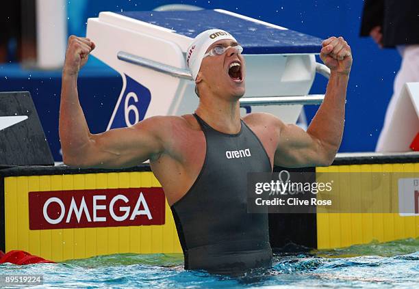 Cesar Cielo Filho of Brazil celebrates after braking the world record setting a new time of 46.91 seconds in the Men's 100m Freestyle Final during...
