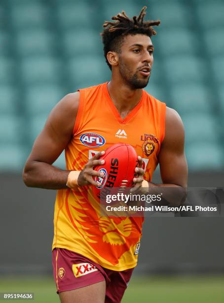 Archie Smith of the Lions in action during the Brisbane Lions AFL pre-season training session at University of Tasmania Stadium on December 19, 2017...