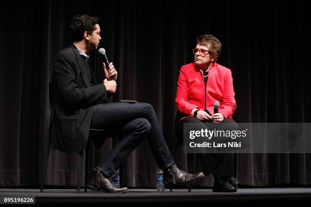 Chief curator of film Rajendra Roy and tennis player Billie Jean King on stage during MOMA's Contenders Screening of "Battle of the Sexes" at MOMA on...