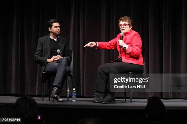 Chief curator of film Rajendra Roy and tennis player Billie Jean King on stage during MOMA's Contenders Screening of "Battle of the Sexes" at MOMA on...