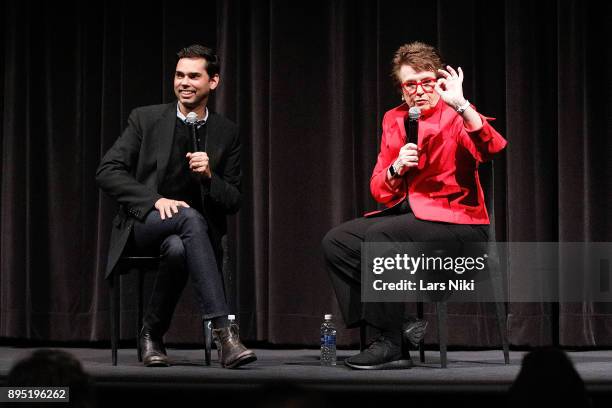 Chief curator of film Rajendra Roy and tennis player Billie Jean King on stage during MOMA's Contenders Screening of "Battle of the Sexes" at MOMA on...