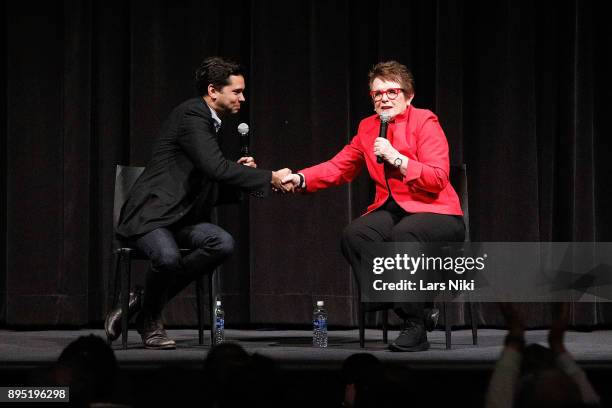 Chief curator of film Rajendra Roy and tennis player Billie Jean King on stage during MOMA's Contenders Screening of "Battle of the Sexes" at MOMA on...