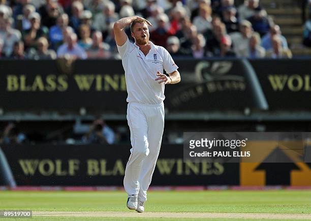 England bowler Andrew Flintoff reacts after bowling on the first day of the third Ashes cricket test between England and Australia at Edgbaston in...
