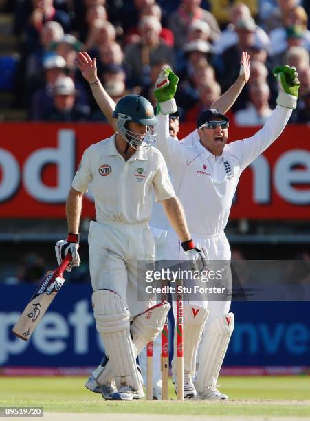 Australian batsman Simon Katich looks dejected after being given out lbw as Matt Prior celebrates during day one of the npower 3rd Ashes Test Match...