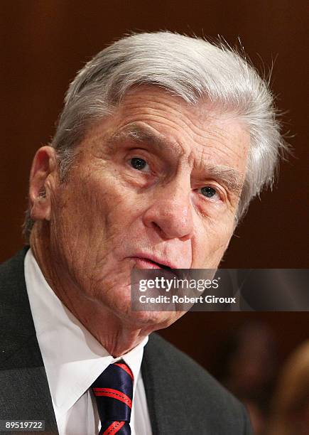 Former Sen. John Warner testifies on Capitol Hill July 30, 2009 in Washington, DC. The hearing before the Senate Environment and Public Works...