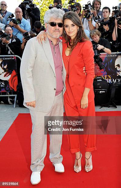 Director Pedro Almodovar and Penelope Cruz attend the "Broken Embraces" UK Film Premiere at Somerset House on July 30, 2009 in London, England.