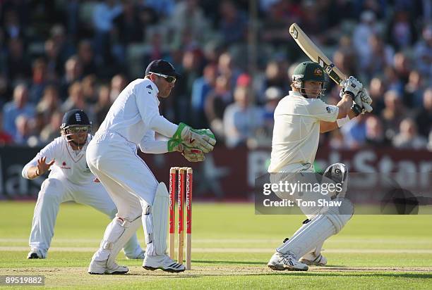 Shane Watson of Australia hits out watched by wicketkeeper Matt Prior and Ian Bell of England during day one of the npower 3rd Ashes Test Match...