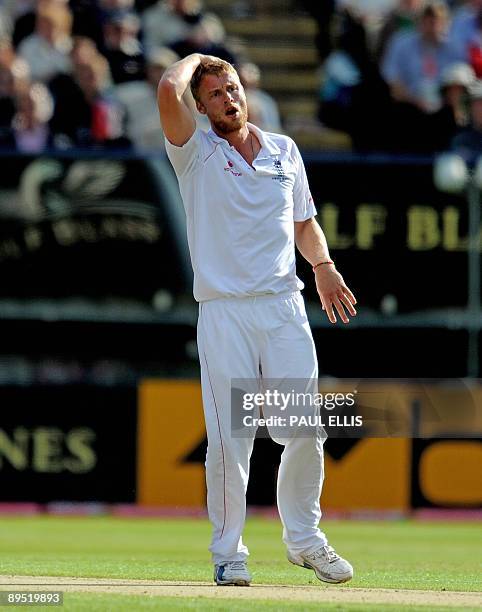 England bowler Andrew Flintoff reacts after bowling on the first day of the third Ashes cricket test between England and Australia at Edgbaston in...