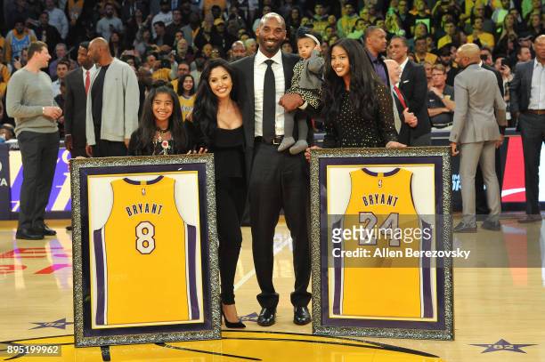 Kobe Bryant, wife Vanessa Bryant and daughters Gianna Maria Onore Bryant, Natalia Diamante Bryant and Bianka Bella Bryant attend Kobe Bryant's jersey...