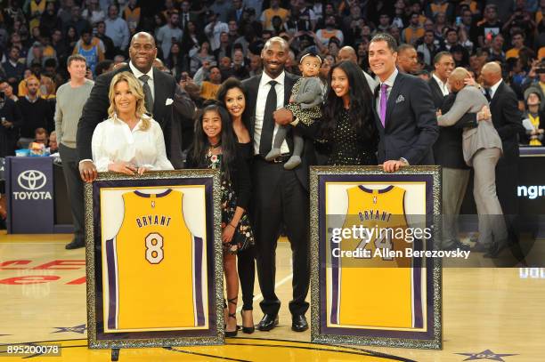 Magic Johnson, Jeanie Buss, Kobe Bryant, wife Vanessa Bryant and daughters Gianna Maria Onore Bryant, Natalia Diamante Bryant, Bianka Bella Bryant...