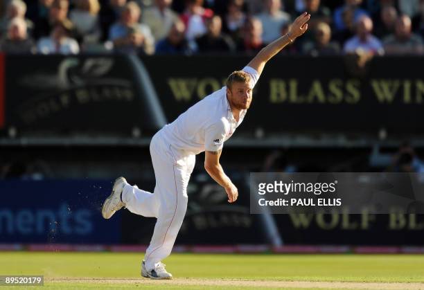 England bowler Andrew Flintoff bowling on the first day of the third Ashes cricket test between England and Australia at Edgbaston in Birmingham,...