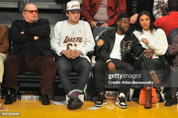 Jack Nicholson, Ray Nicholson, Kevin Hart and Eniko Parrish attend a basketball game between the Los Angeles Lakers and the Golden State Warriors at...