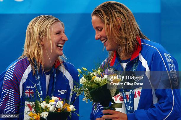 Joanne Jackson and Rebecca Adlington of Great Britain receive the bronze medal during the medal ceremony for theWomen's 4x 200m Freestyle Final...