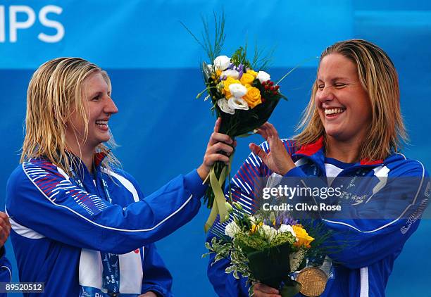 Joanne Jackson and Rebecca Adlington of Great Britain receive the bronze medal during the medal ceremony for theWomen's 4x 200m Freestyle Final...