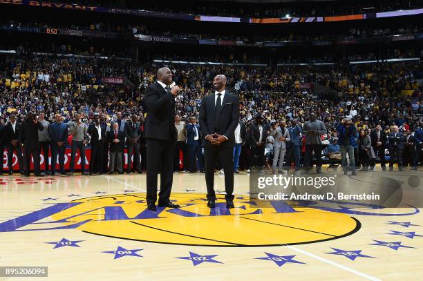 Magic Johnson addresses the crowd during the Kobe Bryant's jersey retirement ceremony on December 18, 2017 at STAPLES Center in Los Angeles,...