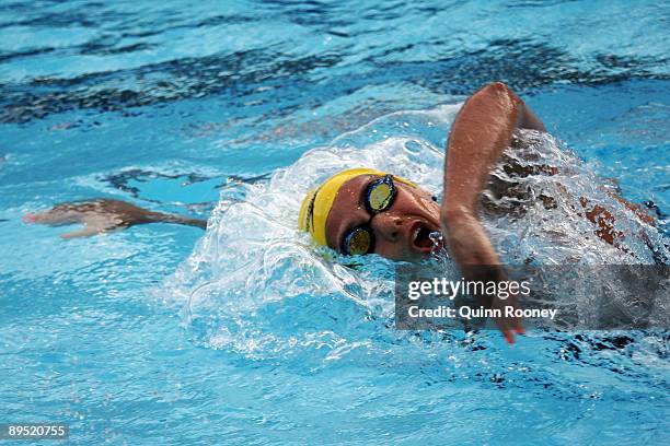 Stephanie Rice of Australia competes in the Women's 4x 200m Freestyle Final during the 13th FINA World Championships at the Stadio del Nuoto on July...