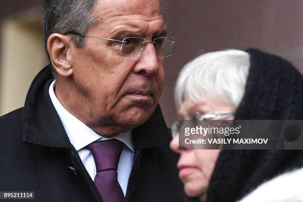 Russian Foreign Minister Sergei Lavrov attends a ceremony unveiling a commemorative plaque in memory of slain Russia's ambassador to Turkey Andrei...