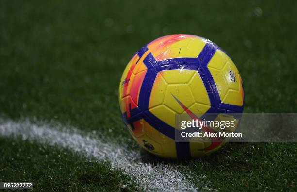 General view of the match ball during the Premier League match between Watford and Huddersfield Town at Vicarage Road on December 16, 2017 in...