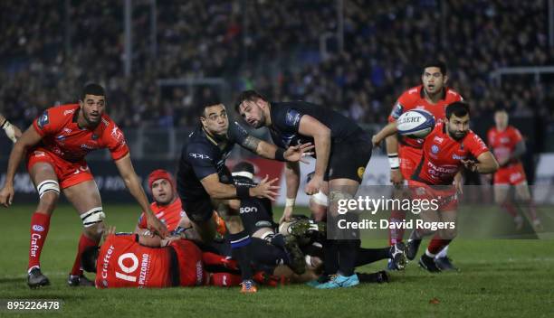 Kahn Fotuali'i of Bath passes the ball during the European Rugby Champions Cup match between Bath Rugby and RC Toulon at the Recreation Ground on...