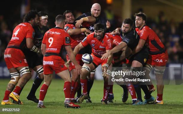 Juan Fernandez Lobbe of Toulon passes the ball during the European Rugby Champions Cup match between Bath Rugby and RC Toulon at the Recreation...