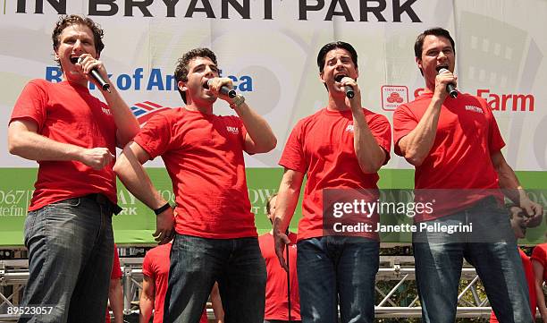 Sebastian Arcelus, Jarrod Spector, Dominic Nolfi and Matt Bogart from the cast of Jersey Boys performs at Broadway in Bryant Park on July 30, 2009 in...