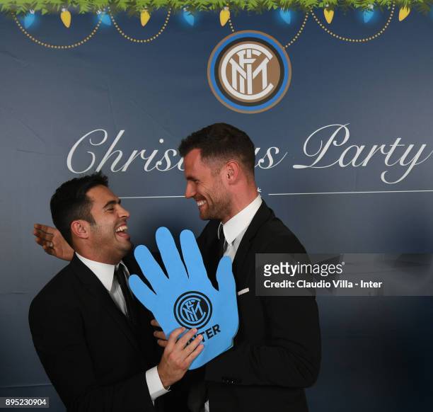 Citadin Martins Eder and Daniele Padelli of FC Internazionale pose for a photo during a FC Internazionale Christmas Party on December 18, 2017 in...