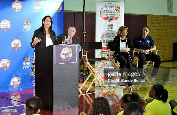 Donna Orender, WNBA President addresses the crowd as Richard M. Daley, Mayor, City of Chicago, Margaret Stender, President and CEO of the Chicago Sky...