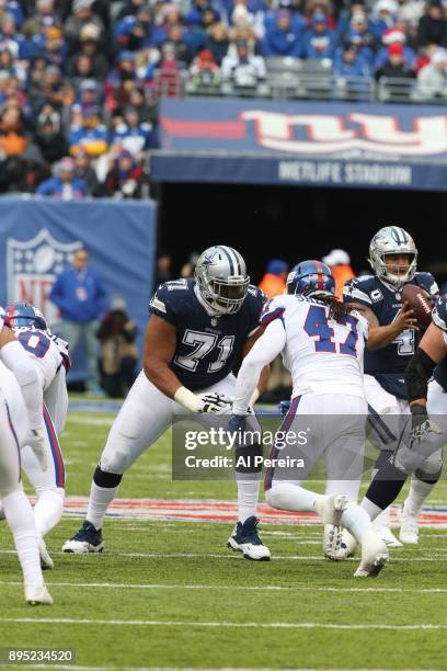 Tackle La'el Collins of the Dallas Cowboys in action against the New York Giants on December 10, 2017 at MetLife Stadium in East Rutherford, New...